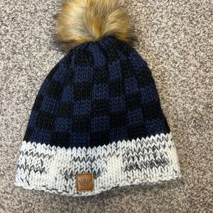 Navy & Black Check Knit Pom Beanie with Ivory Trim